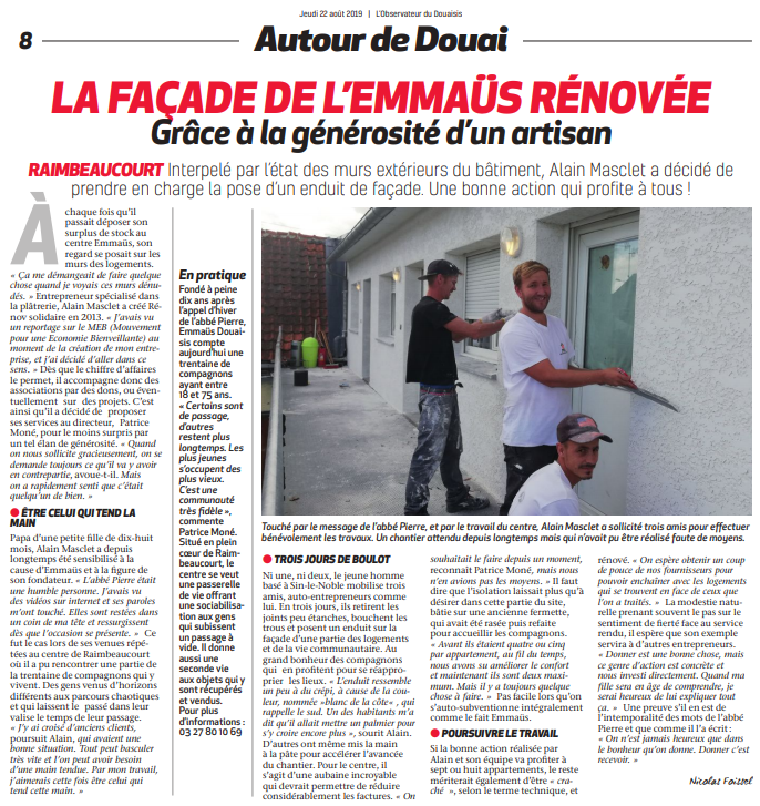 Mouvement_MEB's tweet photo. 📰 A lire aujourd'hui dans @lobservateur59 : l'exemple d'Alain Masclet, un artisan inspiré par le #MEB au moment de la création de son entreprise et qui a décidé de prendre en charge la rénovation de la façade du centre @emmaus_defi de #Douaisis 🤝 https://t.co/ctVvuSpD6z