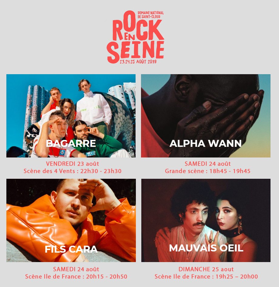 🗓 Retrouvez <a href="/_Bagarre/">BAGARRE</a> <a href="/AlphonsoTheDon/">alpha wann</a> <a href="/fils__cara/">Fils Cara</a> et #MauvaisOeil à <a href="/rockenseine/">Rock en Seine 🪲</a> !
#RES2019