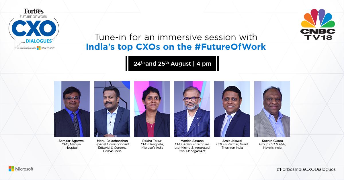 ForbesIndia's tweet photo. India's top CIOs and CFOs talk about the #FutureofWork - emerging technologies like #AI and #ML, data security, compliance, and more. Watch #ForbesIndiaCXODialogues on @CNBCTV18News on Aug 24 and 25, at 4 pm https://t.co/OHB88FmmFl