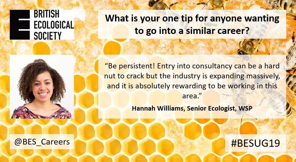 BES_careers's tweet photo. The life of an ecological consultant is busy yet varied, challenging and rewarding! Hannah Williams, a Senior Ecologist at WSP, explains why it is she loves her job as well as her top tip for budding consultants #BESUG19 https://t.co/S4tSaJ5oTY