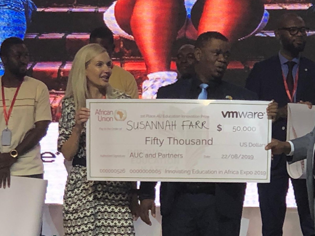 VMTMAC's tweet photo. Congratulations to Susannah Farr from South Africa on winning the grand prize of $50,000 at the 2019 Innovating Education in Africa Expo today! 50 finalists presented their innovation ideas at the conference in Botswana. https://t.co/kFzxKmoewc