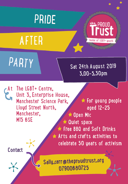 youthgreatermcr's tweet photo. We hope you're having a great #ManchesterPride weekend so far!
Get yourself down to @TheProudTrust #PrideAfterParty at The LGBt+ Centre:
🎤 Open Mic
💭Quiet Space
🍗Free BBQ + Soft drinks
🎨Arts + Craft activities
#ManchesterPride 🌈 https://t.co/MzrjM5AKXI