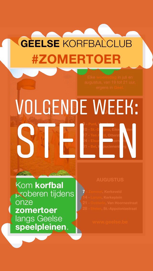 Geelse_Korfbal's tweet photo. #GeelseGaat op #zomertoer! Laatste halte! Kom woensdag 28 augustus om 19 uur naar #speelplein #Sint_Appoloniastraat voor een potje #korfbal in #Stelen @GeelStad! #Geelse is op zoek naar nieuw #talent! #korfbal #summertime #laatstehalte #zeghetvoort https://t.co/0QkY6wH8dP