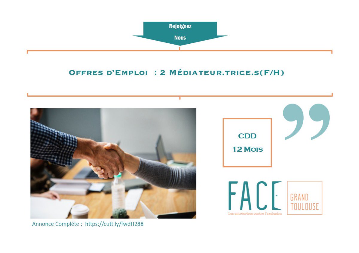 FACE31inclusion's tweet photo. 🔴 OFFRE D'EMPLOI

FACE Grand Toulouse recrute 2 Médiateur.trice.s 
🔛 https://t.co/8Ce0U1QVc7

Pour toute information complémentaire une seule adresse :
face.grandtoulouse@fondationface.org

#RSE https://t.co/0Ve2qTSbP2