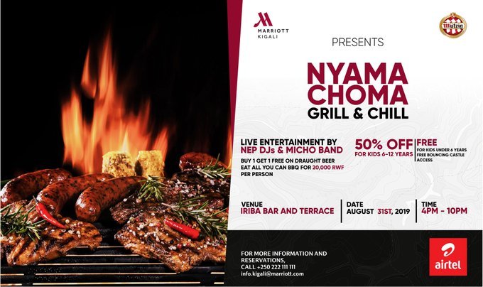RoyalFMRwanda's tweet photo. #NyamaChomaGrillNChill is back!
This 31st of August @KigaliMarriott Come enjoy all types of yummy and tasty meatπ for only 20,000Rwf.
There will be live entertaintment by @NepDjs & #MichoBand
#KigaliMarriottHotel https://t.co/i3aDvCluyh