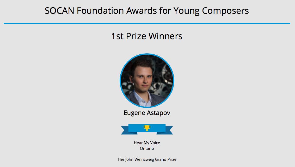 IC_HongKong's tweet image. Huge congratulations to #IC2019 Composer Fellow Eugene Astapov @eacomposer who has just been awarded one of Canada's highest honors for a young composer: the John Weinzweig Grand Prize from @SOCANmusic Foundation, for the composition "Hear My Voice"!