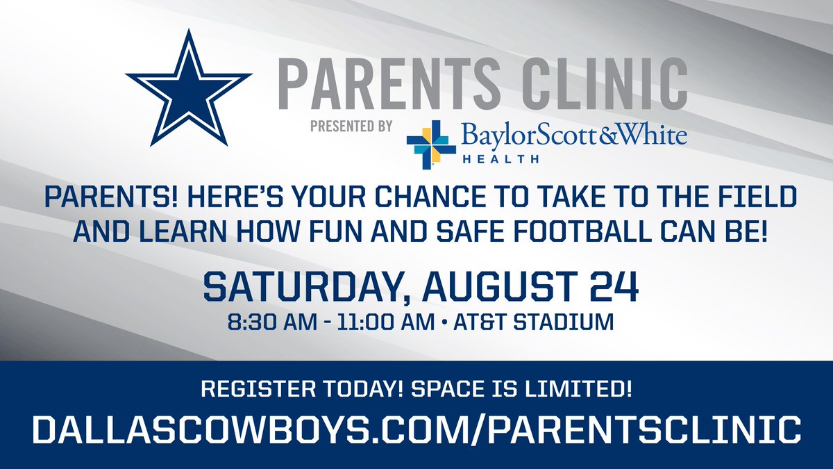 Join the #DallasCowboys and <a href="/bswhealth/">Baylor Scott & White Health</a> for a FREE Parents Clinic at <a href="/ATTStadium/">AT&T Stadium</a> on Sat, August 24!

Space is limited! Register today → bit.ly/2Z6jGtz