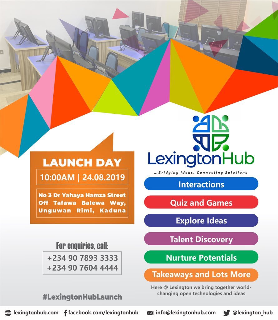 Mina2_a's tweet photo. Join us at the unveiling of a tech-driven Innovation platform in Kaduna, Nigeria. Lexington Hub, The nest of Technology!
#LexingtonHubLaunch https://t.co/YuArASs5VA