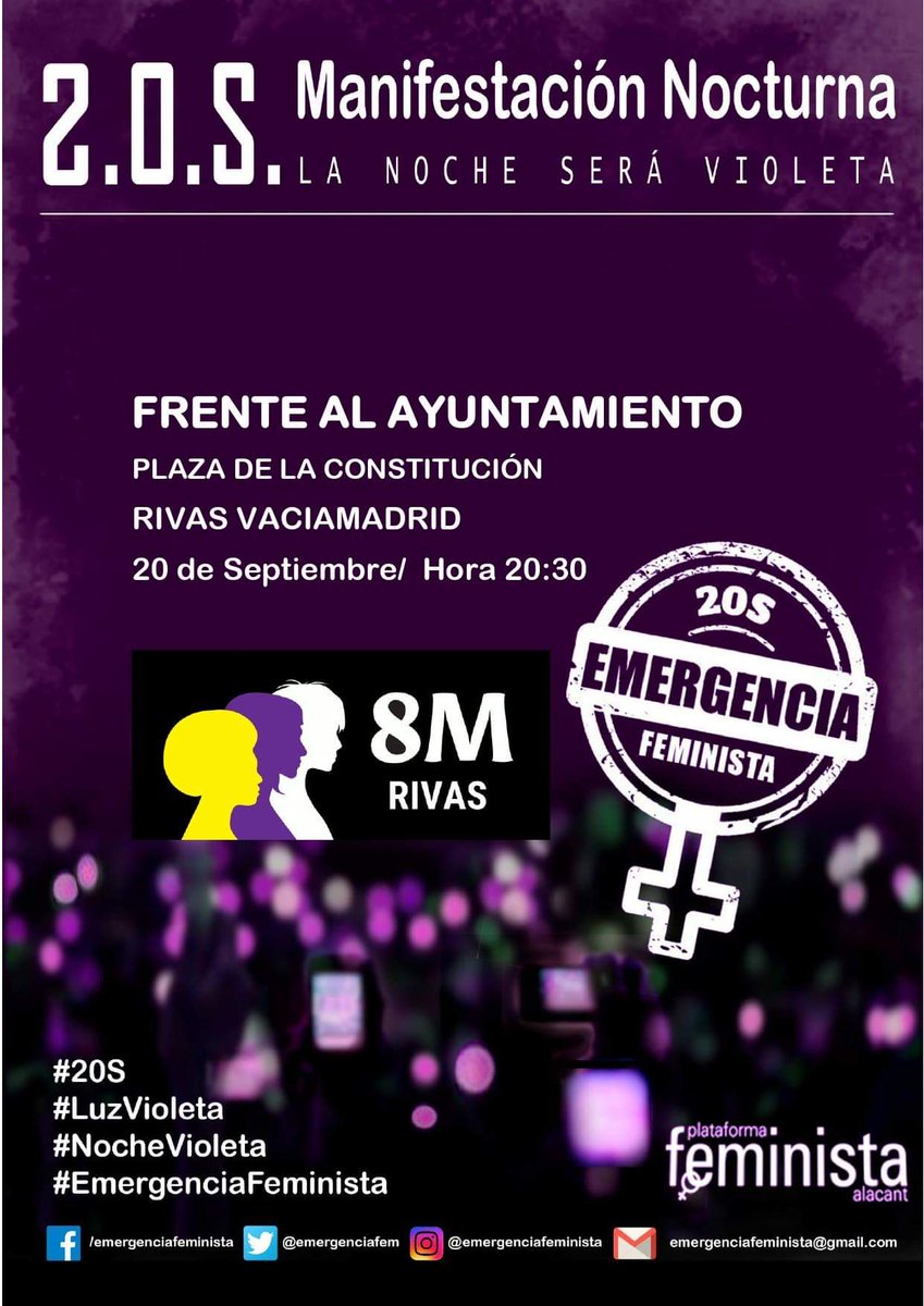 rivasylibres's tweet photo. La Asamblea 8M de Rivas se une a la concentración propuesta por las compañeras de la Plataforma Feminista de Alicante - PFA
Recordad: 20 S a las 20:30h  en la plaza del ayuntamiento. Os esperamos!#EmergenciaFeminista #NocheVioleta #20SOS #NiUnaMasNiUnaMenos #LuzVioleta https://t.co/cMFlLWLtM2