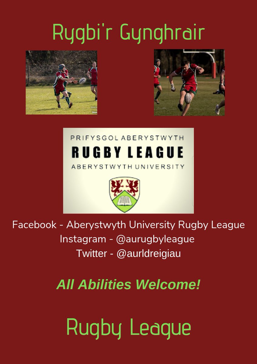 Heading to <a href="/AberUni/">Aberystwyth University</a> this September?
Then why not come and give Rugby League a Try! We welcome all levels of playing ability so don't worry if you have no experience.
Come along and enjoy your years at University with us!
<a href="/TimAberTeam/">TîmAber | TeamAber</a> <a href="/UniversityRL/">University RL</a> <a href="/WalesRugbyL/">Wales Rugby League</a>
