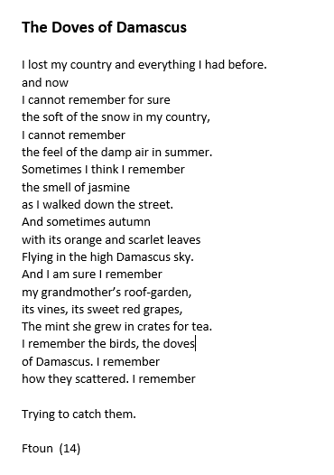 KateClanchy1's tweet photo. Ftoun worked and worked but only got 4 in her English GCSE. She came here from Syria in 2016. Marks for her poem below please. https://t.co/GBPKTh35DF
