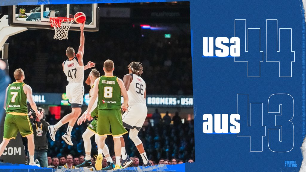 usabasketball's tweet photo. HALF: 🇺🇸 USA 44, 🇦🇺 Australia 43

U.S. shooting 40% at the break. @kuz leading the team with 9 pts. @KembaWalker &amp; @jaytatum0 with 7 pts. apiece. #BoomersUSA https://t.co/qyliH8VKuh