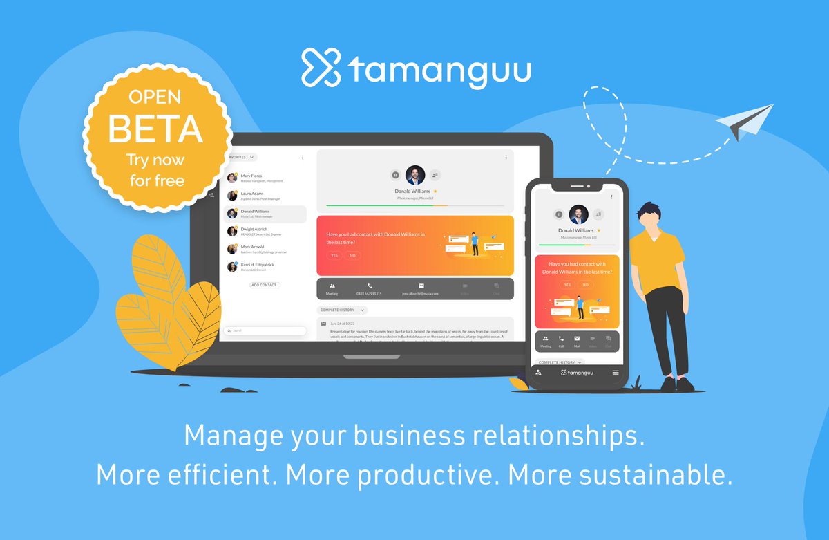 tamanguu's tweet photo. Our open beta is now available for everyone!
Sign up for FREE and let tamanguu assist your business relationship management: https://t.co/GnWyCAvvpJ
Ideal for #entrepreneurs, self-employed people &amp; managers with a need of a strong #businessnetwork!

#networking #CRM #b2b #startup https://t.co/mBx4IhwTAf
