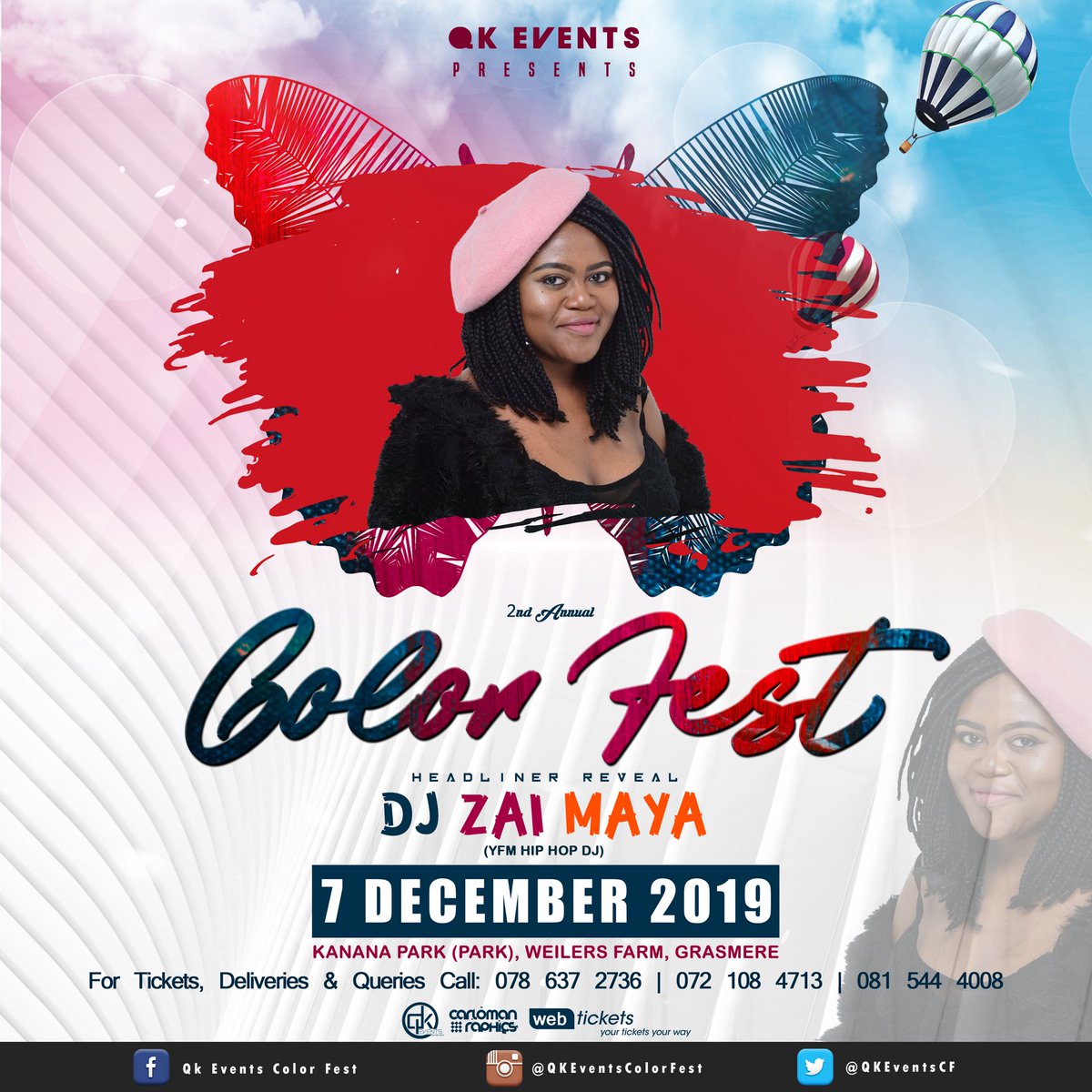 QKEventsCF's tweet photo. Let’s welcome YFM and Soweto TV’s finest @DJZaiMaya to 2nd Annual Color Fest 🦋🔥💯

For tickets contact: 
078 637 2736 • 072 108 4713 • 081 544 4008

#ColorFest #2ndAnnual #QKEvents #CarlomanGraphics 
C O L O R | F E S T 🦋 https://t.co/BgkhuN0i5O
