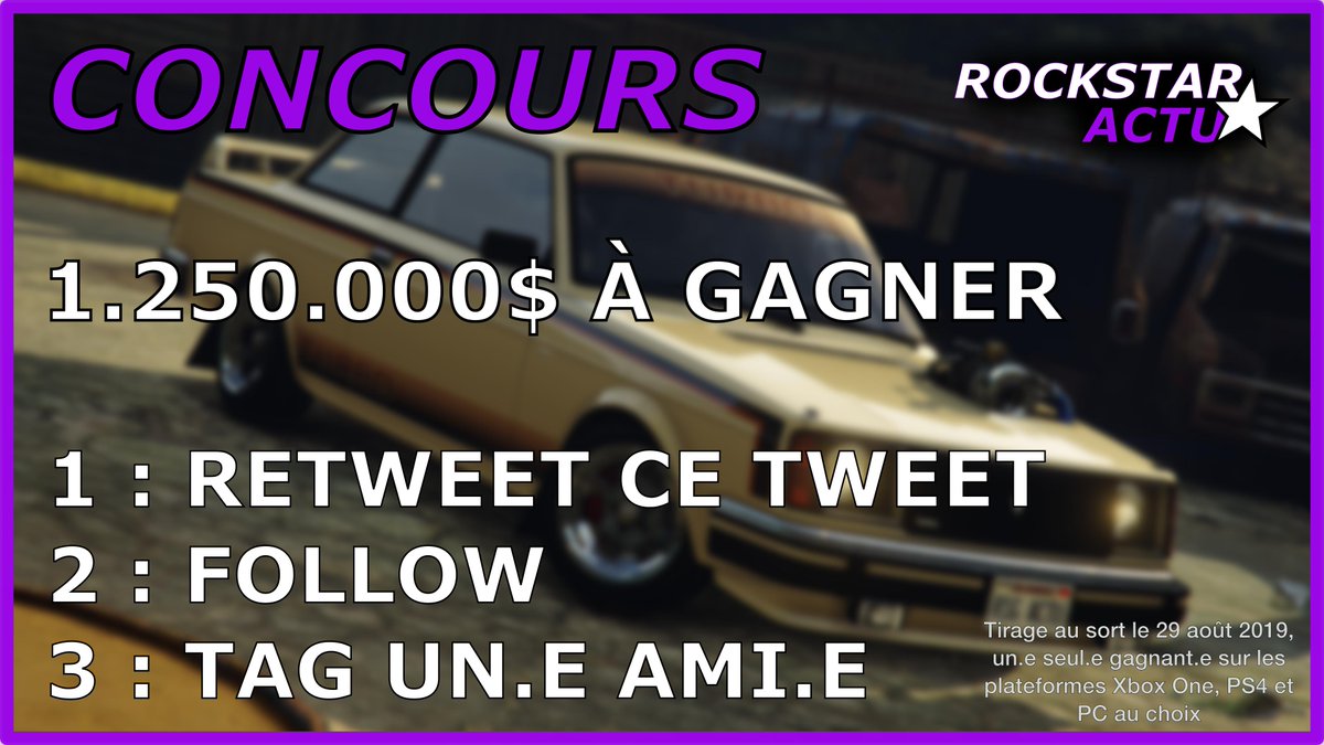 Rockstar_Actu's tweet photo. 🎁 #CONCOURS 

Tente de gagner un Shark Card de 1.250.000$ sur #GTAOnline 

Pour participer :

🔁 RETWEET ce tweet 
➡ FOLLOW @Rockstar_Actu 
🔤 TAG UN.E AMI.E

Tirage au sort jeudi prochain. https://t.co/g6HCIhCbNS