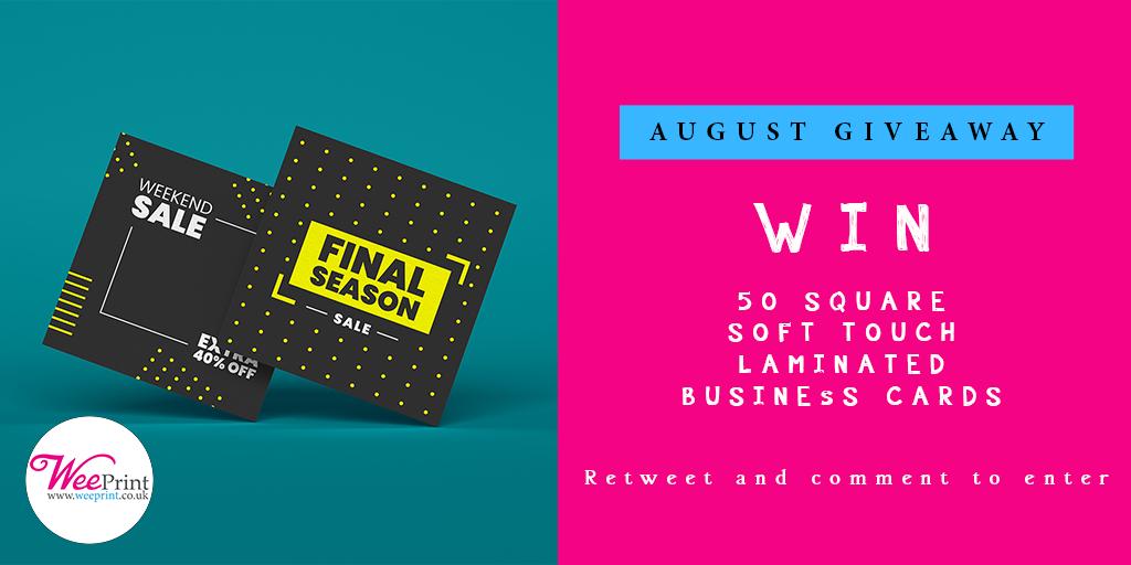yourWeePrint's tweet photo. AUGUST #COMPETITION
WIN
50 SQUARE SOFT TOUCH LAMINATED BUSINESS CARDS
Simply Retweet and COMMENT on the post!
#ThursdayWisdom #MonthlyWins #WinItThursday #comp #ThursdayMotivation #prizes #ThursdayThoughts #Smallbiz #business #shopscotland #SMEUK
https://t.co/aNUeNI6odE https://t.co/tPj1Qw8gX0