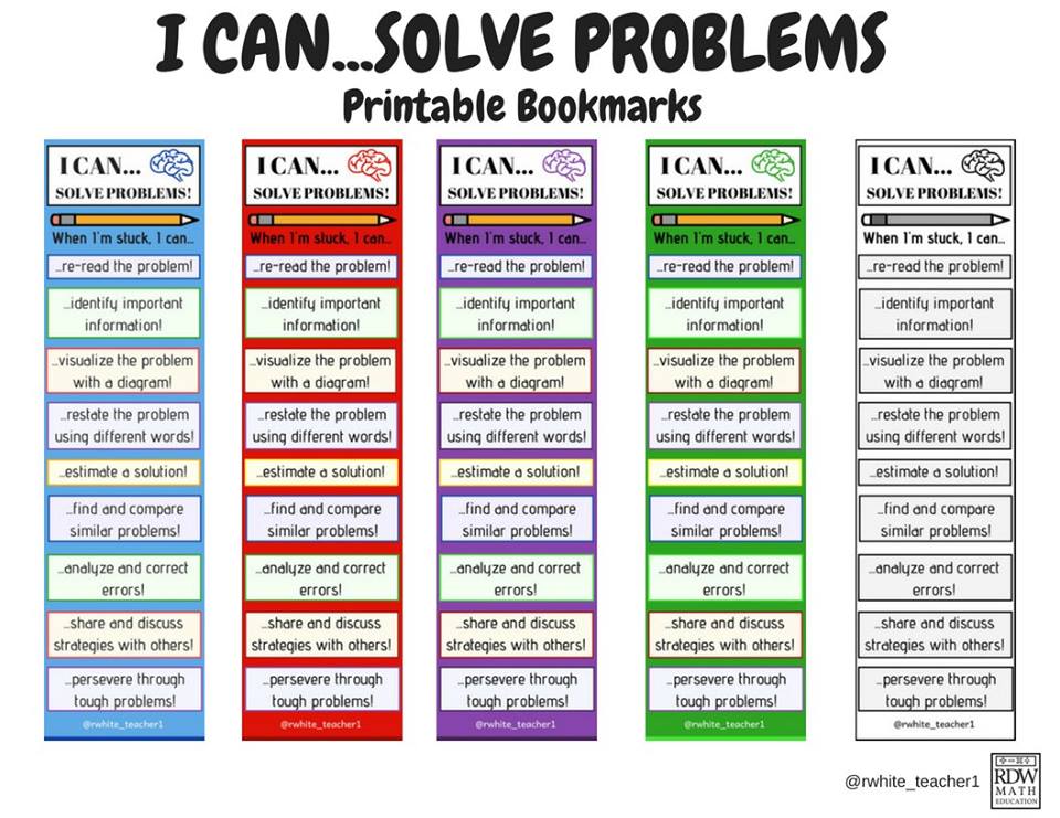 teacher2teacher's tweet photo. “I Can … Solve Problems!" T @rwhite_teacher1 uses these bookmarks to remind Ss of all the paths they can take to get from problem to solution. Want to share this reminder with your own Ss? Print your own: https://t.co/LR7cIuXPd8 #tlap #ITeachMath #ChampForKids https://t.co/WC6CRJdHOE