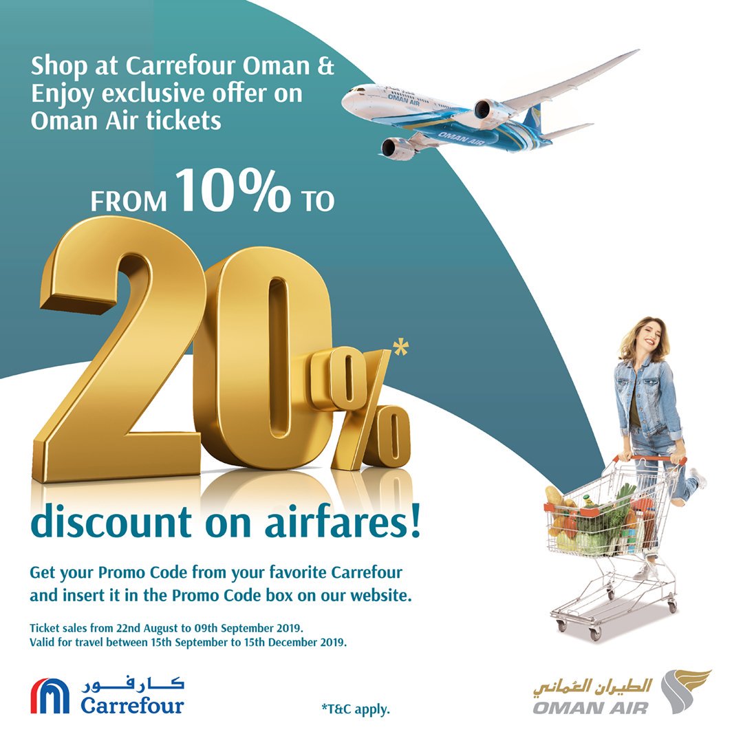 Oman Air on X: Shop at #Carrefour Oman and get a 10% to 20% discount on  all international flights from #Oman. Shop and get the promo code from your  favorite Carrefour today!