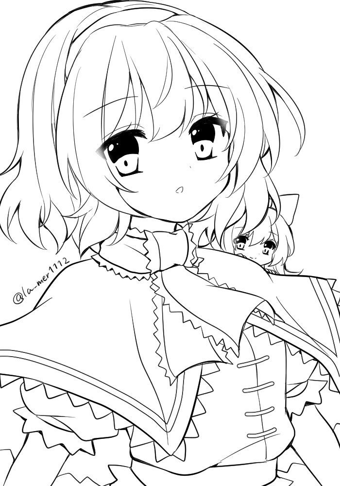 渚しずく 固ツイ 企画中 最近塗り絵報告沢山いただけて嬉しいので再度線画纏めました リプに妖夢も繋げておきますね よかったら塗ってください 線画 線画を晒すと誰かが色を塗ってくれるかもしれない 線画を置いといたらフォロワーさんが塗って