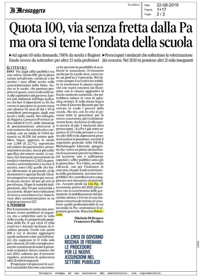 cislfp's tweet photo. #Quota100. Ad Agosto 10mila domande. Esodo a partire da settembre. @PetriccioliM ( @cislfp ), “È necessario, prima del 2020, procedere con lo scorrimento delle graduatorie, la stabilizzazione del precariato storico e l’avvio della stagione concorsuale“.

⤵️⤵️⤵️ https://t.co/DoDmwMkDQB