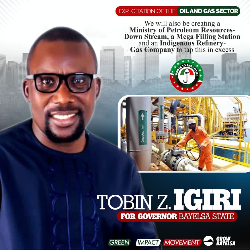 Ebiowei_KO's tweet photo. Let's talk abt ideas of this PDP Guber aspirant @IgiriTobin of d Green Impact Movement. His Ideals &amp; hope 4d future of Bayelsa State.
He is promising a major turnaround:
An oil &amp; Gas refinery 2 generate IGR and employment coupled wit alternative Power supply which wil be steady. https://t.co/dp0yQJEmbC