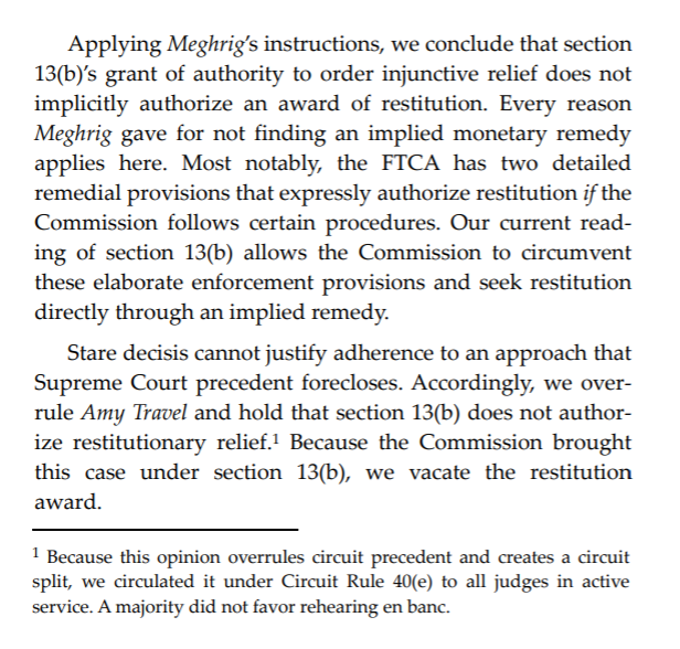JamesValvo's tweet photo. Huge opinion from Judge Sykes in the 7th Circuit yesterday: Recognizes limits on #FTC 13(b) authority, vacates restitution award, overturns Circuit precedent holding otherwise, and creates a #CircuitSplit. #AppellateTwitter
https://t.co/02HTUZTcpS https://t.co/5Fq5dvIMgX