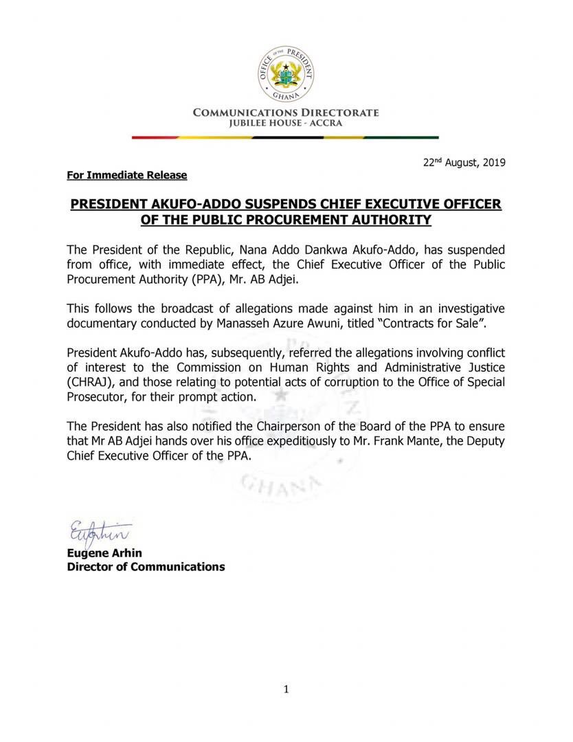 Joy997FM's tweet photo. BREAKING 

President Akufo-Addo suspends Chief Executive Officer of the Public Procurement Authority.

#JoyNews #ContractsForSale #Donkomi https://t.co/0VkGfKSbHq
