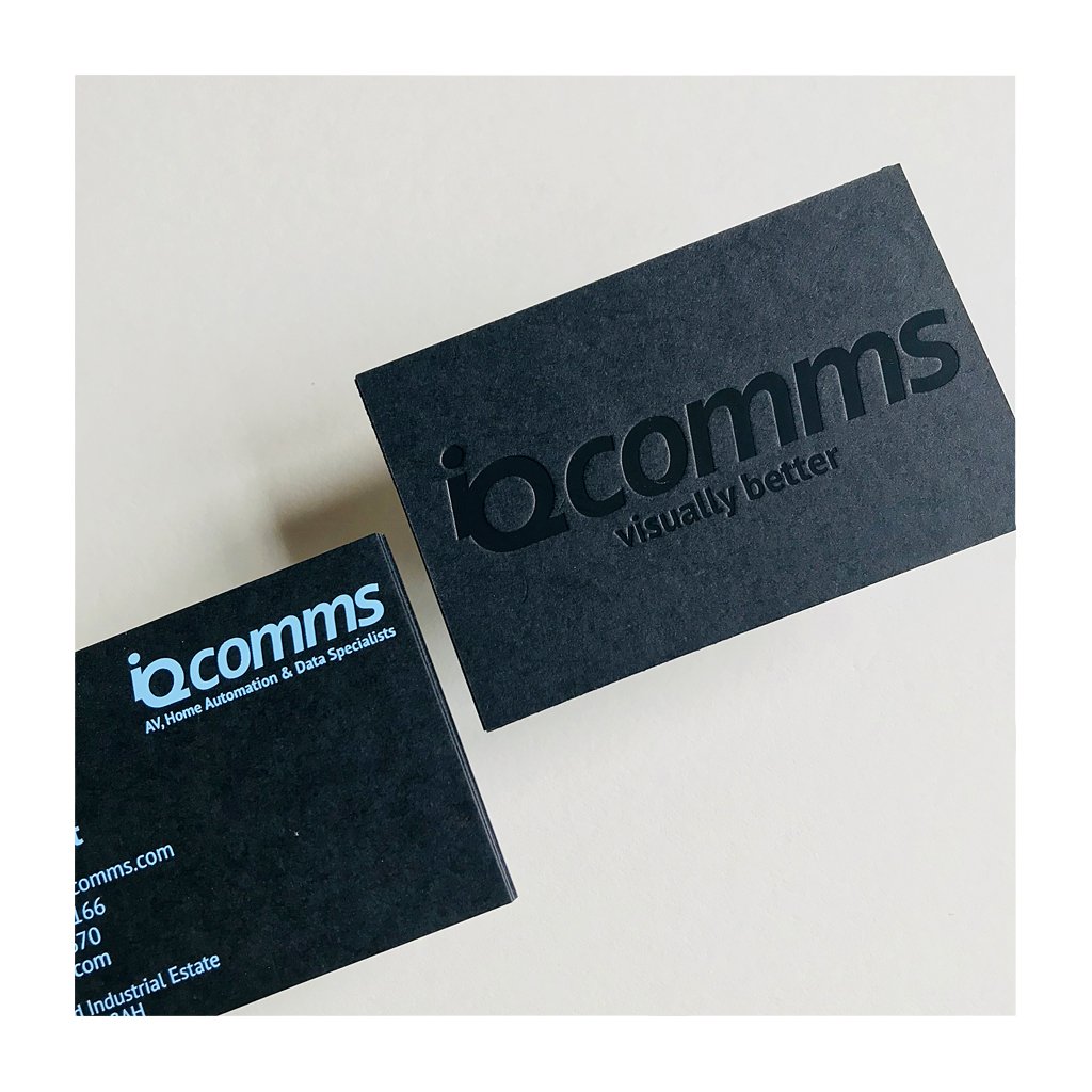 Foils used in the hot foil blocking process come in a wide section of colours - typically we are able to match to most branding colours! Perfect example using a gloss blue foil for <a href="/iQcomms/">iQ comms</a> , accompanied by a matt black foil deboss onto <a href="/colorplanpapers/">GF Smith Colorplan</a> Ebony •