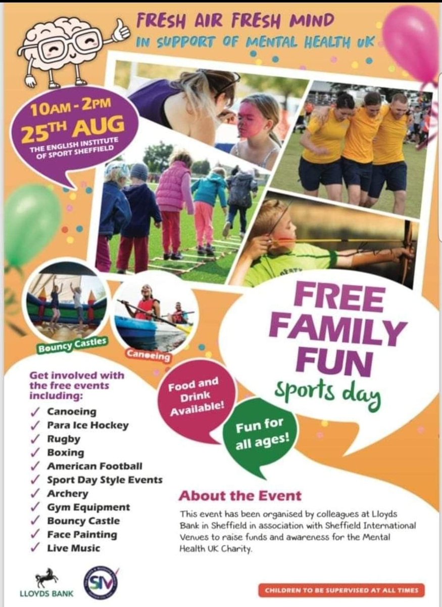 3 DAYS TO GO!!!
Fact 4 of 6 - 50% of mental health problems are established by age 14 and 75% by age 24. Think about that today with all the GCSE results coming out.
FREE event! 
This family fun day has been organised by colleagues at Lloyds Banking Group & SIV