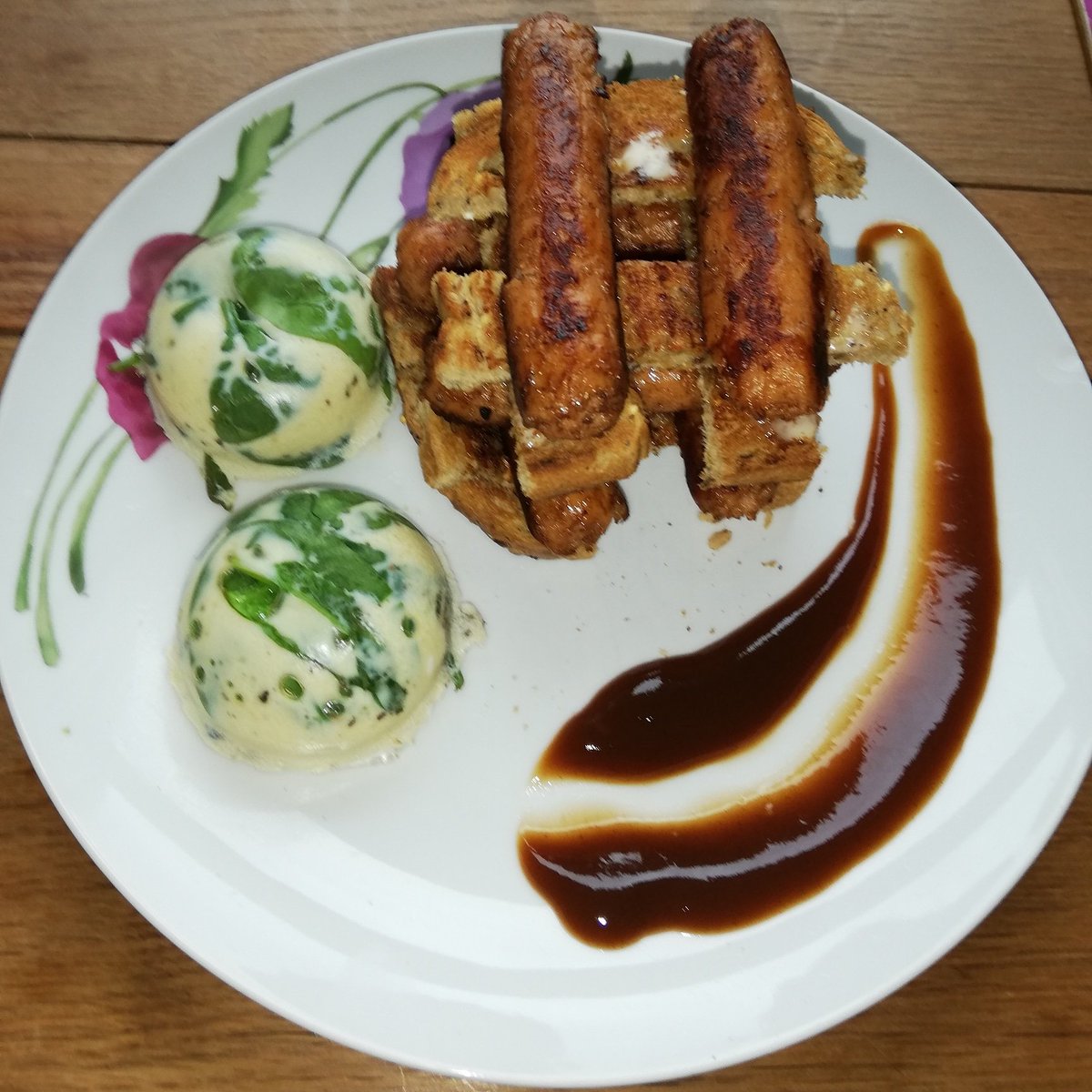 Veggie sausages toast tower and spinach olive feta omlette