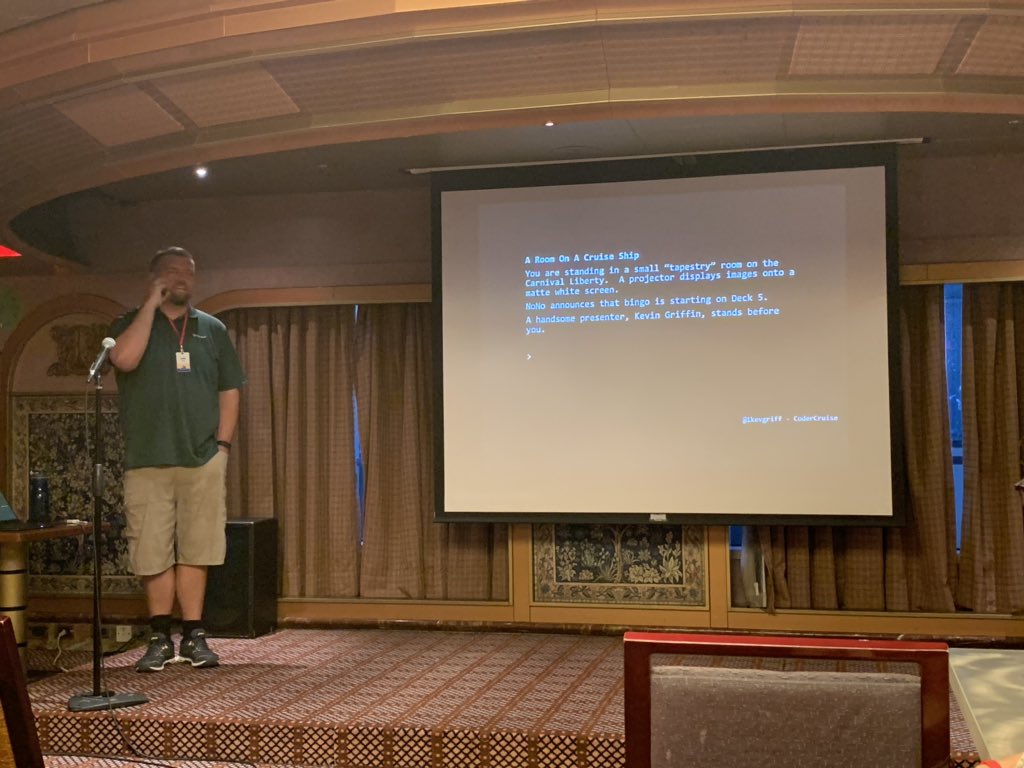 CoderCruise's tweet image. Morning talks beginning at #CoderCruise with @1kevgriff talking about text adventures.