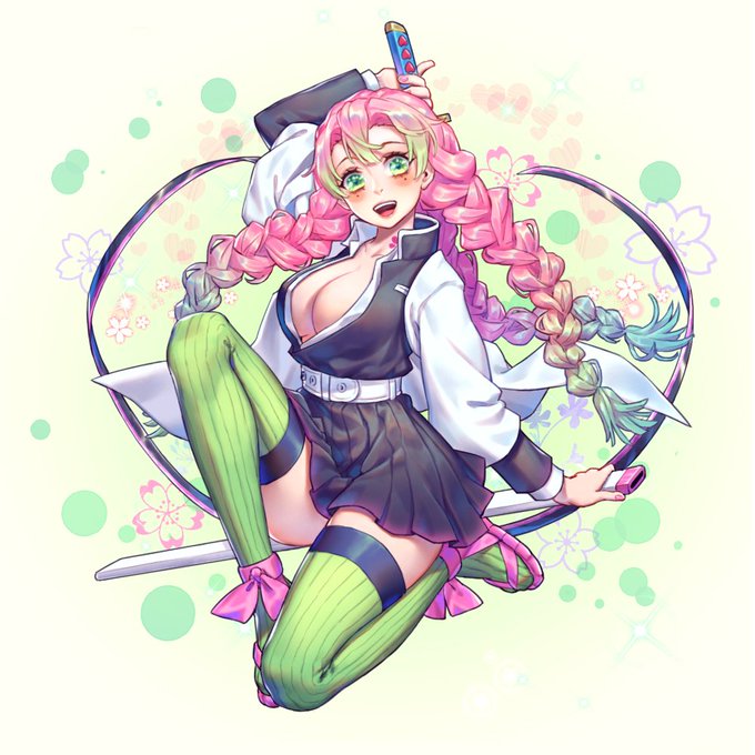 自闭皮蛋wさんがTwitterに投稿した甘露寺蜜璃(鬼滅の刃)のイラスト。