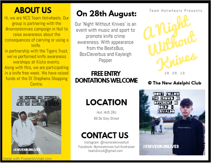 knives_no's tweet photo. Come to our 'Night Without Knives' at the @TheAdelphiClub with the @bus_hull, @BoxcleverBus and @foundation_rich  on the 28th August to raise awareness about knife crime in the Humberside area. #knivesruinlives #nomoreknives #knifefree https://t.co/f5uqufcW7p