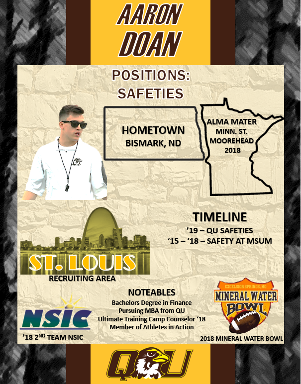 QUHawksFootball's tweet photo. 16 days until #QUKICKOFF! @CoachADoan starts his first season at QU after a stellar 4-year career at Minnesota State University Moorhead. He'll be recruiting St. Louis and SW Missouri and is working on his MBA as well! #PEWAV #FFF #RIGHTNOW https://t.co/Qg5U2AwN1c