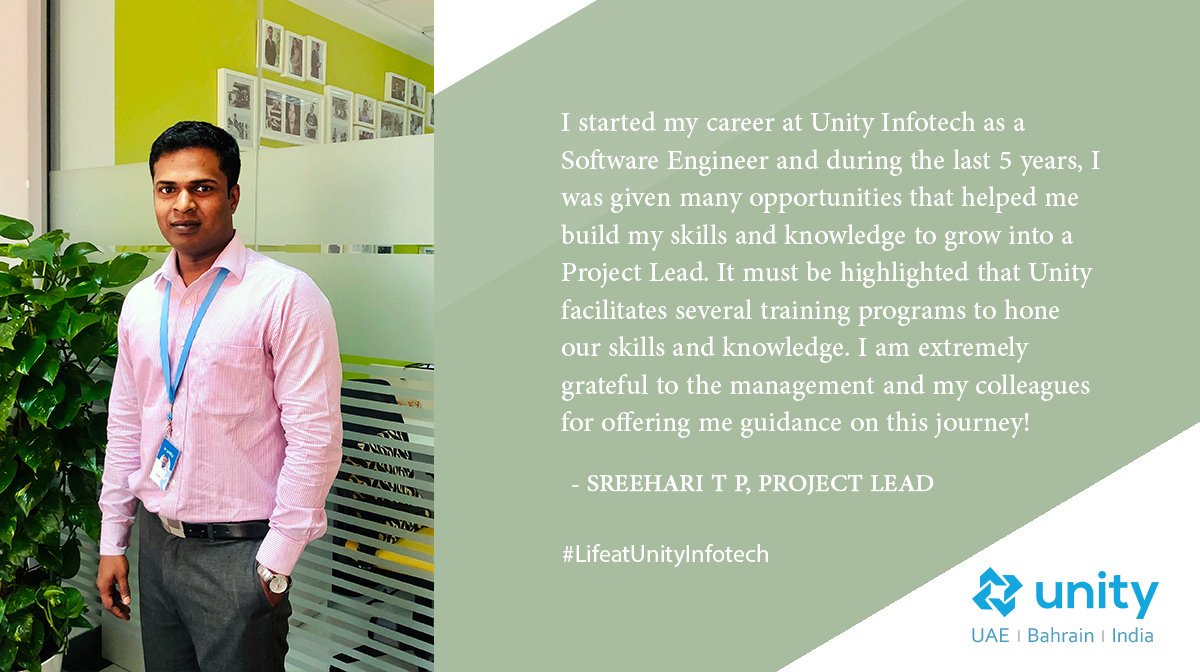 unityinfotech01's tweet photo. Meet Sreehari Parameswaran, one who makes every effort to build his expertise! Here is his take on #LifeatUnityInfotech #EmployeeExperience #careers #dubai #UnityInfotech https://t.co/HvRJhDTrgD