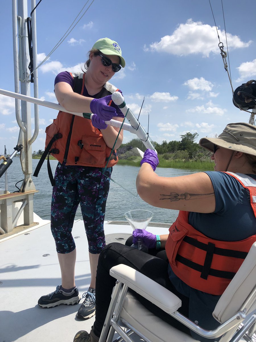 Sampling in progress at our fourth and final site of the day! Here’s a shot of the squeegeeing in action! #fieldwork #WomenInSTEM #chemicaloceanography