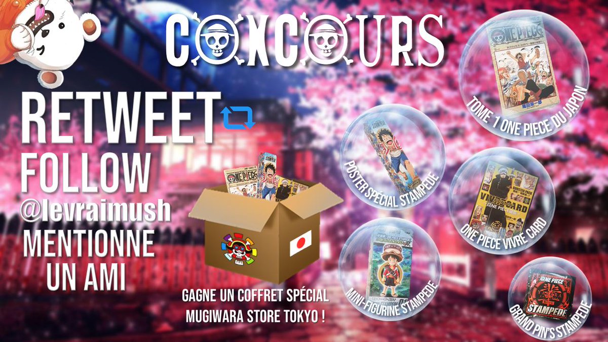 levraimush's tweet image. 🎁⚓️ CONCOURS ONE PIECE ⚓️🎁
🇯🇵 SPÉCIAL STAMPEDE &amp;amp; JAPON 🇯🇵

Gagne un coffret de 5 objets One Piece (Mugiwara Store Tokyo)

Pour cela :

▶️ Follow @levraimush
🔁 RT ce tweet
😁 Mentionne un ami (ou plus)

Tirage au sort le 7 septembre !

Bonne chance ! (aussi sur 📷 instagram !)
