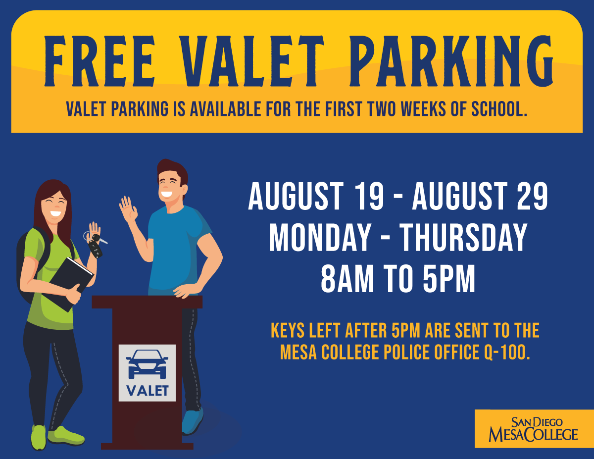 sdmesacollege's tweet photo. CAMPUS PARKING:
Faculty/Staff parking permits are required to park in faculty/staff AND flex parking (during flex hours). Any vehicle without a faculty/staff permit will be ticketed.
#FreeValet is available Mon-Thurs. Next week is the last week for this service. https://t.co/IxS9HEX6y6