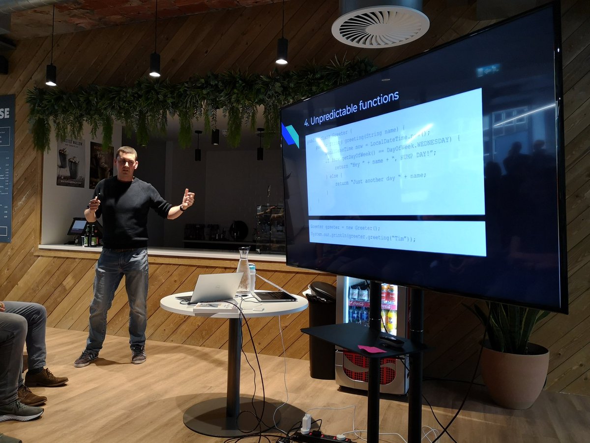 GarthGilmour's tweet photo. "If your tests are trying to set the system time, just stop" - @timdrivendev talking about FP principles at @BelfastJUG in @signifyd https://t.co/CMS9T8H7cZ