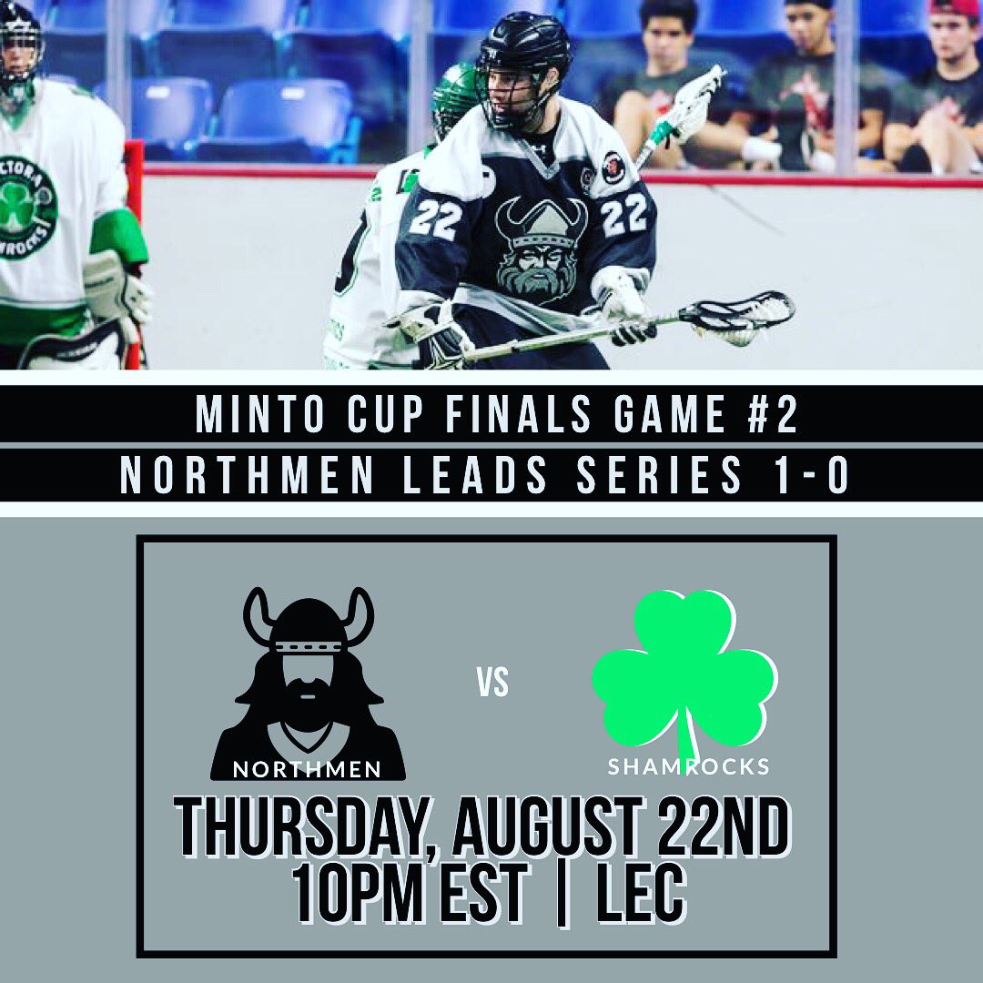 JrANorthmen's tweet photo. Right back at it tonight for Game #2 of the @mintocup2019 Finals vs @JrShamrocks. Northmen struck first blood last night winning Game #1 10-8. The boys are ready to battle tonight! #HornsUp #MintoChasing https://t.co/XFIX0KgxGD