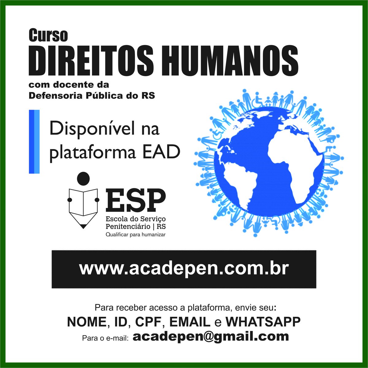 acadepen's tweet photo. 🌍 [NOVO CURSO DISPONÍVEL] Direitos Humanos com docente da Defensoria Pública do Estado do Rio Grande do Sul. Carga horária 10h/aula. 
Acesse em: https://t.co/lMXpvfkjsG https://t.co/eu2DAaaPkO