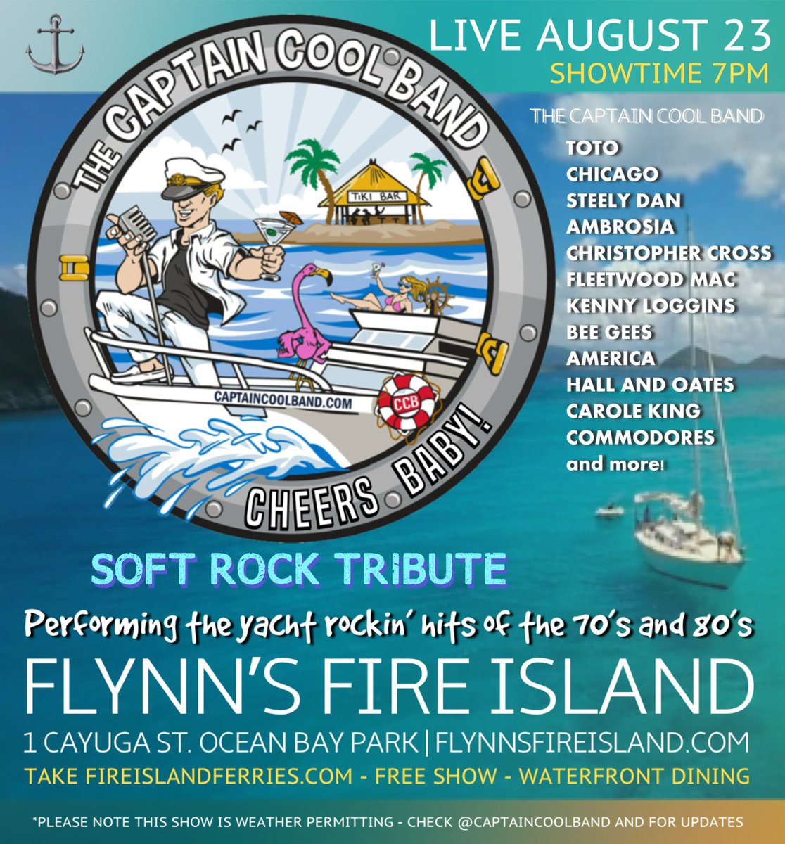 captaincoolband's tweet photo. ⚓️CCB is live tomorrow 8/23 @flynnsfireisland. 6:45pm Free show. Waterfront dining. Amazing sunset. Happiest #HappyHour on #FireIsland! 

CCB performs a yacht rockin’ set of the best #softrock hits from the 70’s &amp; 80’s. 

#yachtrock #captaincoolband #CCB #concerts #longisland https://t.co/u37uglbEa7