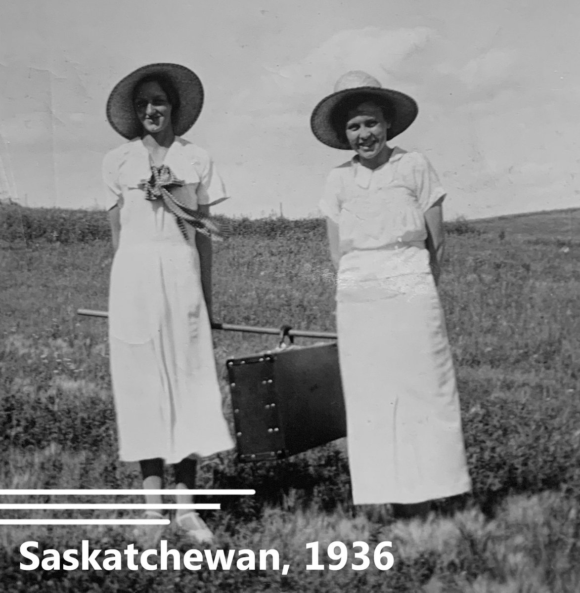 OneHopeCanada's tweet photo. Get those steps in! CSSM missionaries served in some of the most rural areas of Western Canada; carrying luggage on a stick between them, they walked from community to community sharing the Gospel with children. Saskatchewan, circa 1936.  #tbt #biblecamphistory #onehopecanada https://t.co/AekBeb0kmp