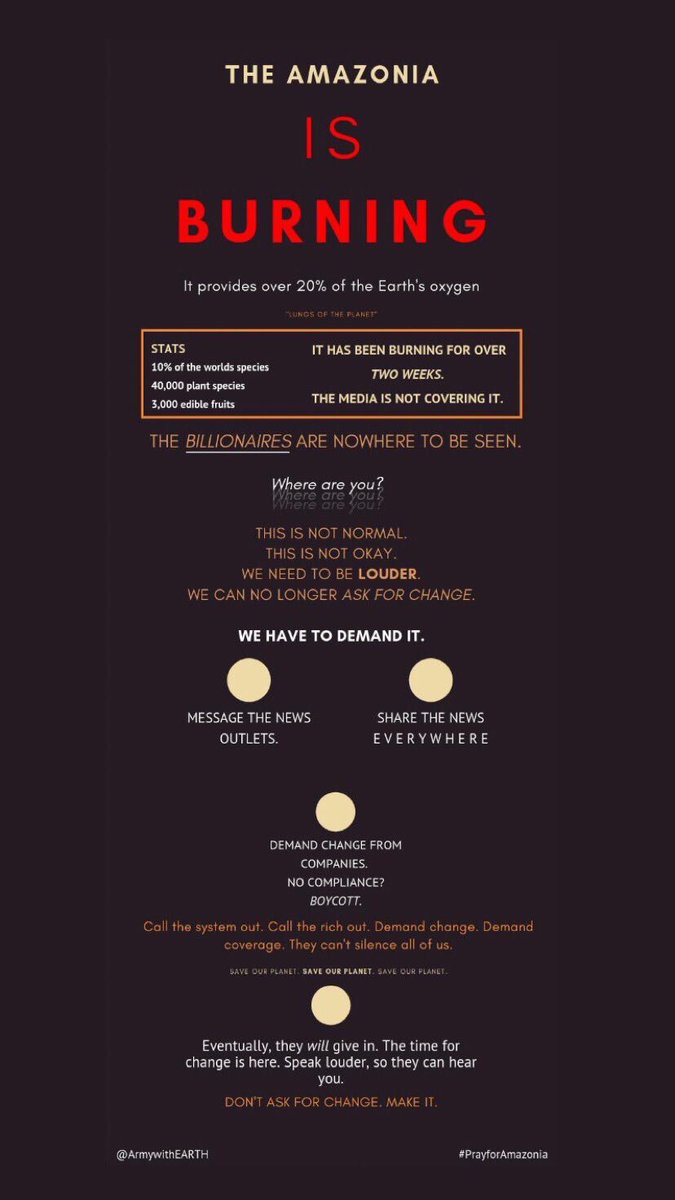 csnarayanan18's tweet image. the world’s ‘lungs’ is dying. it’s been on fire for three weeks. where 20% of the earth’s water is found. and where 2.5 million species of insects live. we must do better.
we must save our lungs. we must save the earth.

#amazonforestfire #AmazonFire