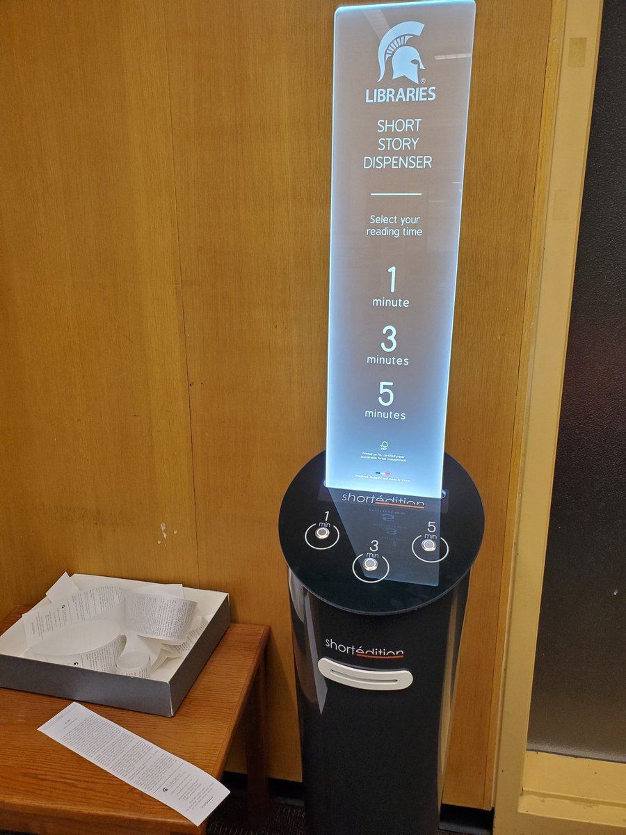 SummerIssawi's tweet photo. @msulibraries You never cease to amaze me! How cool is this thing?!?! I just pressed all the buttons to get all the short stories!! @ShortEdition_EN, we need these short story dispensers every where! #msuhubbookclub #storytelling #readingisfundamental #readbooks #shortstories https://t.co/z9ZCGApAan