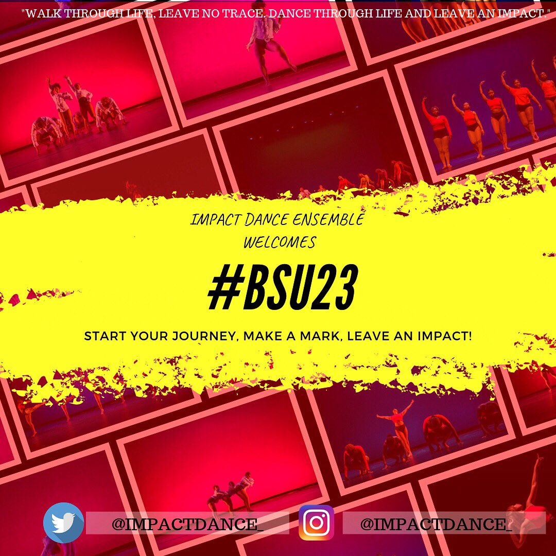 impactdance_'s tweet image. 🗣BSU! 🗣BSU! 🐶💛🖤💛🖤
The IMPACT Dance Ensemble would like to welcome #BSU23!! We can’t wait to see what you all bring to our great campus for this 2019-2020 academic school year. Remain focused, have fun, and dance through the stress💃🏾 #IMPACTDAT #BSU23 #BSU22 #BSU21 #BSU20