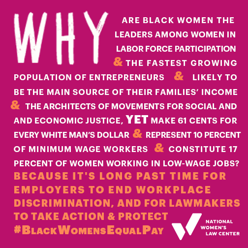 nwlc's tweet image. Today is #BlackWomensEqualPay Day, when Black women’s pay catches up to what white, non-Hispanic men were paid in 2018. That means Black women must work 𝟐𝟎 𝐦𝐨𝐧𝐭𝐡𝐬 to be paid what white men are paid in 𝐣𝐮𝐬𝐭 𝟏𝟐. It’s way past time to fix this gap.