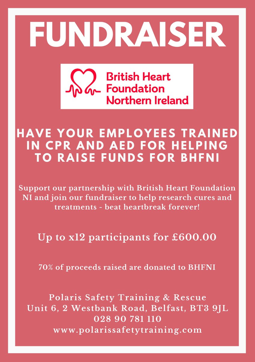 Polaris Safety Training (@polarisrescue) on Twitter photo Help us support a worthy cause by taking part in our fundraiser!
<a href="/BHFNI/">BHF Northern Ireland</a> are researching cures and treatments to help break heartbreak forever. Get involved and your employees will receive essential CPR and AED training.
Call 02890 781110 or email info@polarissafetytraining.com Help us support a worthy cause by taking part in our fundraiser!
<a href="/BHFNI/">BHF Northern Ireland</a> are researching cures and treatments to help break heartbreak forever. Get involved and your employees will receive essential CPR and AED training.
Call 02890 781110 or email info@polarissafetytraining.com