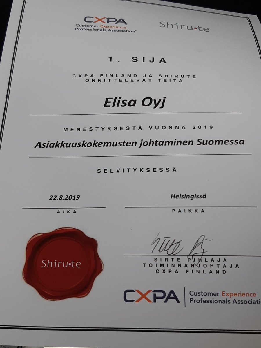 KatjaBackstrom's tweet image. Hyvä me! Pitkäjänteinen työ tuottaa tulosta ja tämän sijoituksen lisäksi näkyy myös NPS:ssä. #CustomerExperience #leadership #strategy #culture #elisaoyj #cxpafinland