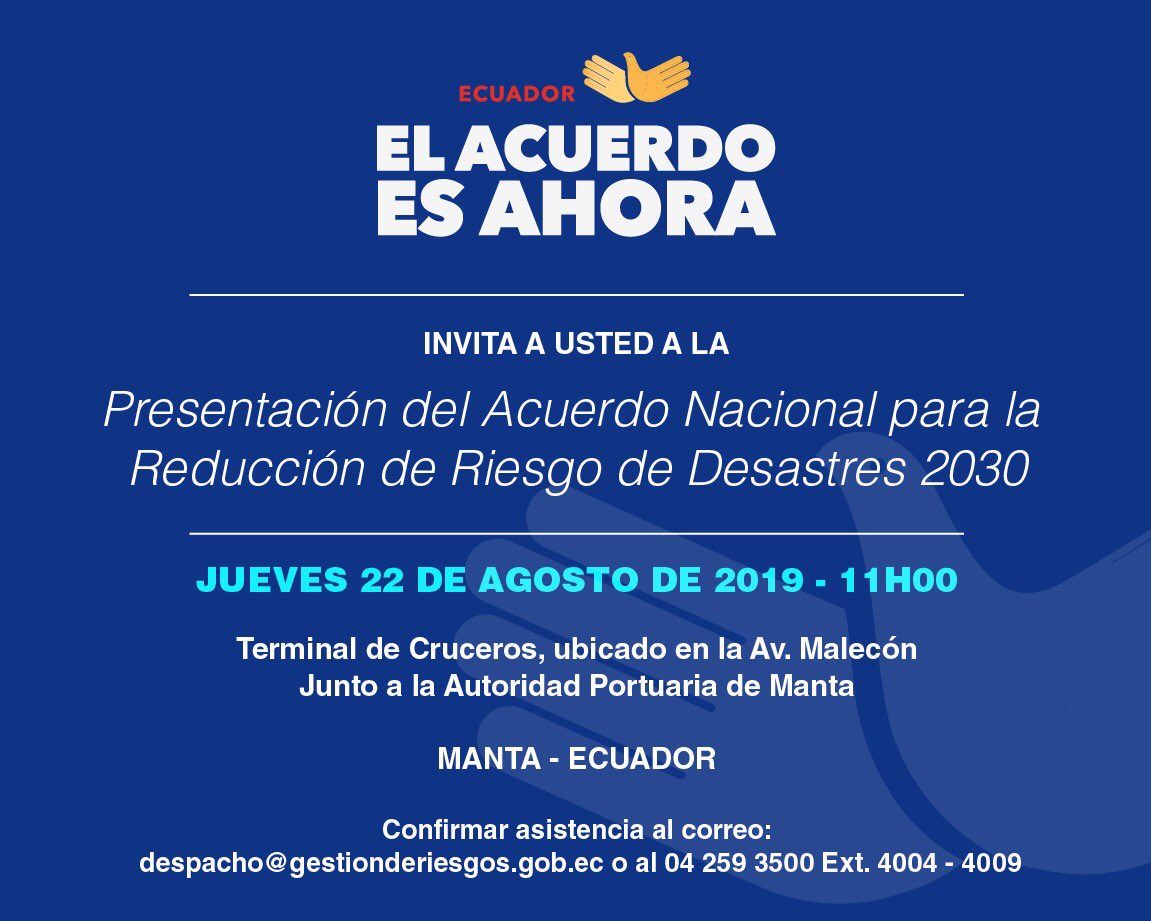 Hoy les esperamos en una jornada interesante para la construcción de acuerdos hacia la reducción de riesgos de desastres. ⁦<a href="/Lenin/">Lenín Moreno</a>⁩ ⁦<a href="/ottosonnenh/">Otto Sonnenholzner</a>⁩ ⁦<a href="/Riesgos_Ec/">Riesgos Ecuador</a>⁩